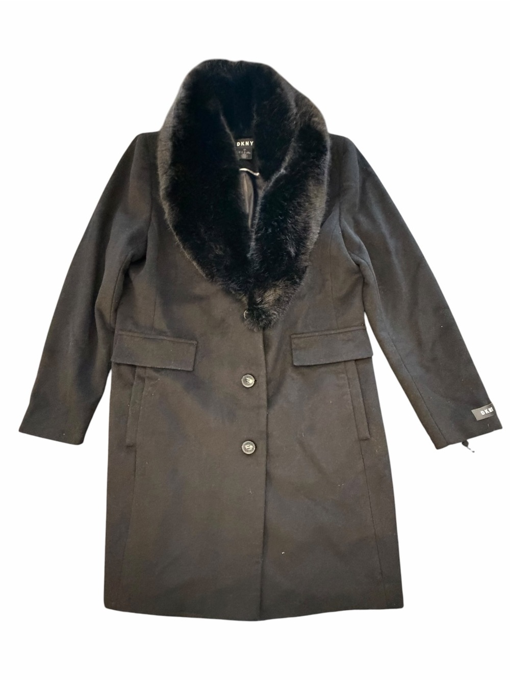 DKNY Womens Wool Trench Coat Black Faux Fur Shawl Collar Large New $400 Classic